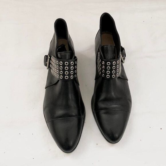 Michael Kors Ankle Boots Booties Black Genuine Leather Almond Toe Buckle Goth - Picture 2 of 8